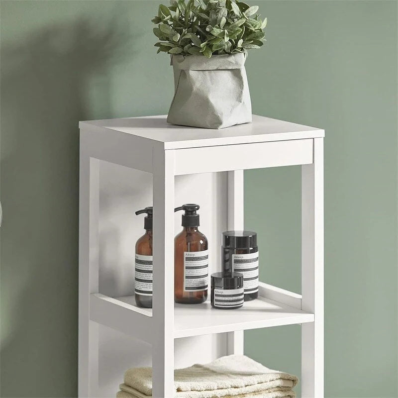 Armario alto blanco para baño con estantes y cajones
