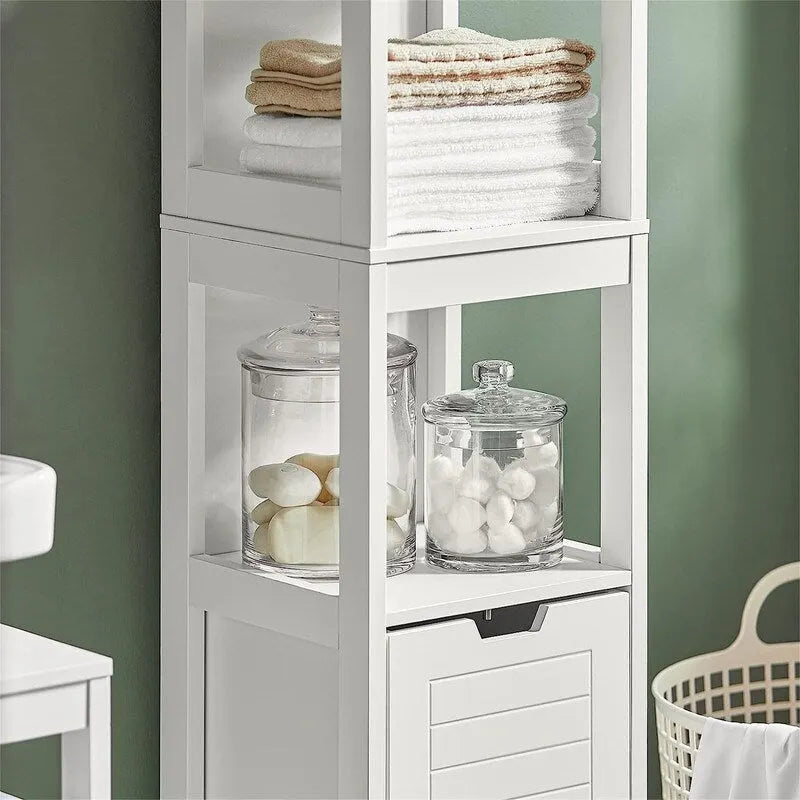 Armario alto blanco para baño con estantes y cajones