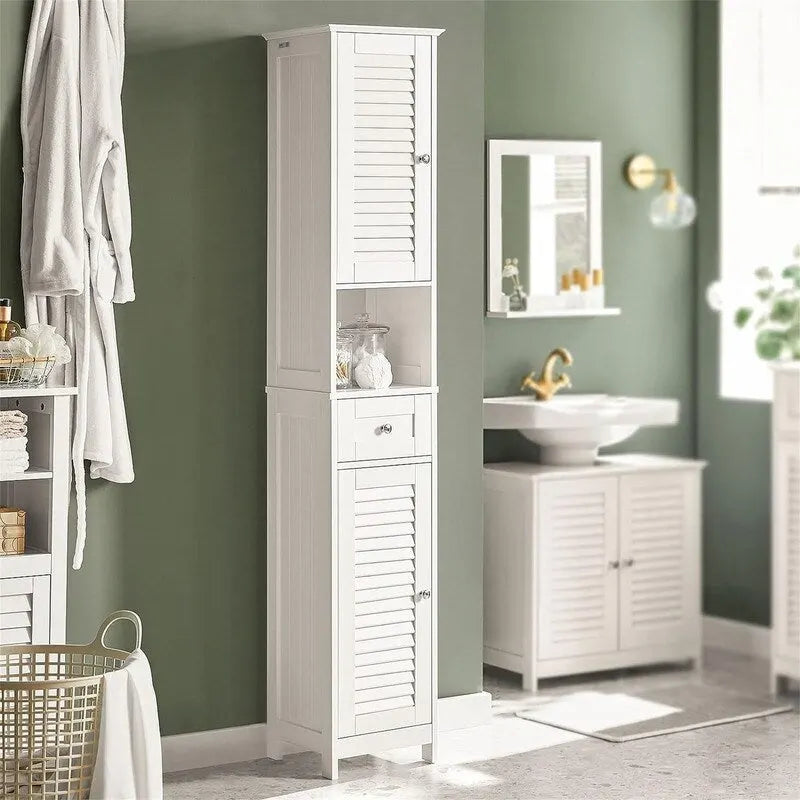 Armario alto blanco para baño con estantes y cajones