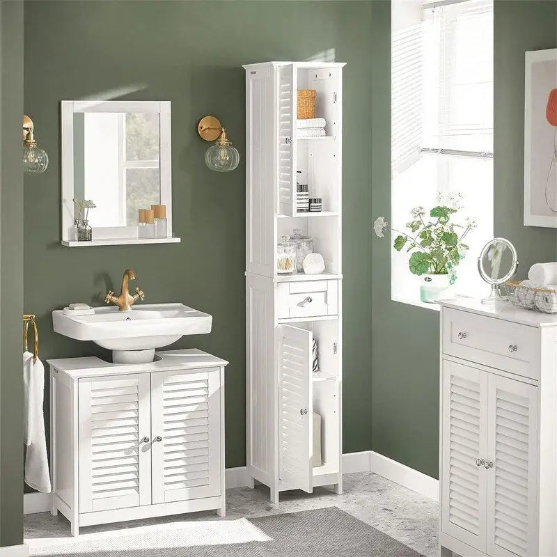 Armario alto blanco para baño con estantes y cajones