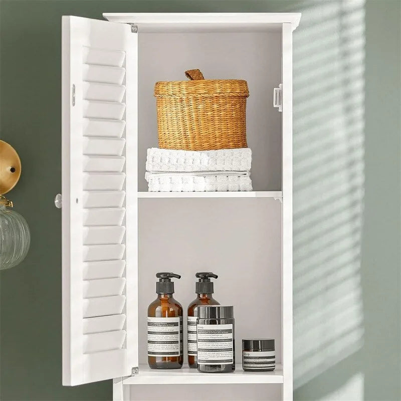 Armario alto blanco para baño con estantes y cajones