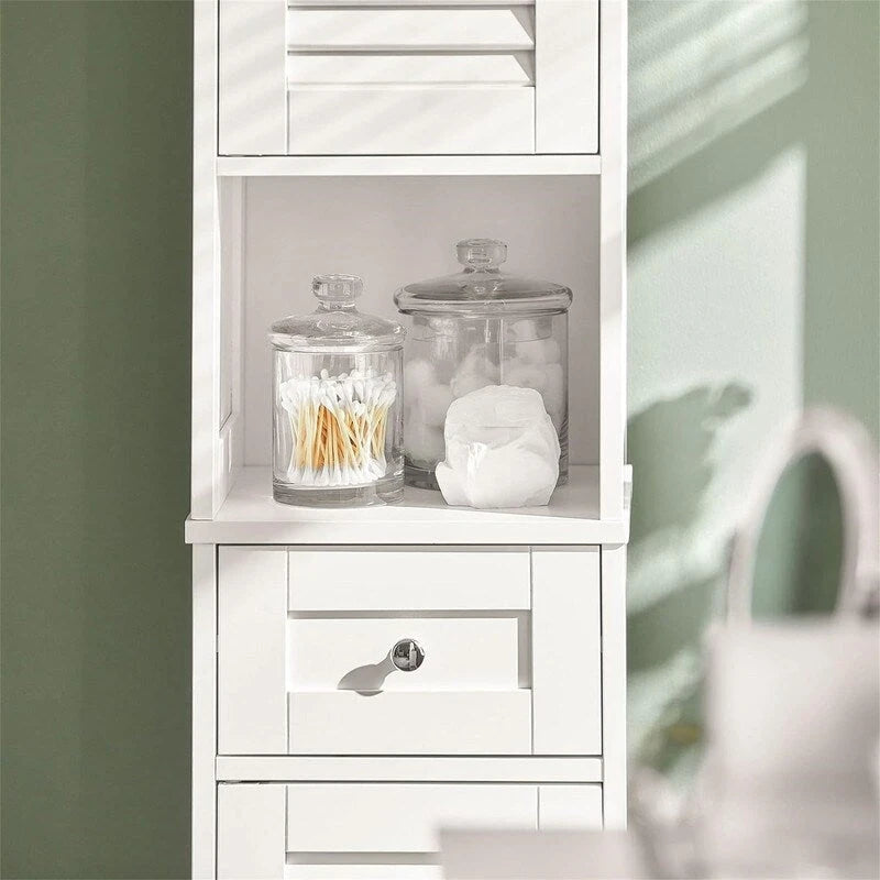 Armario alto blanco para baño con estantes y cajones
