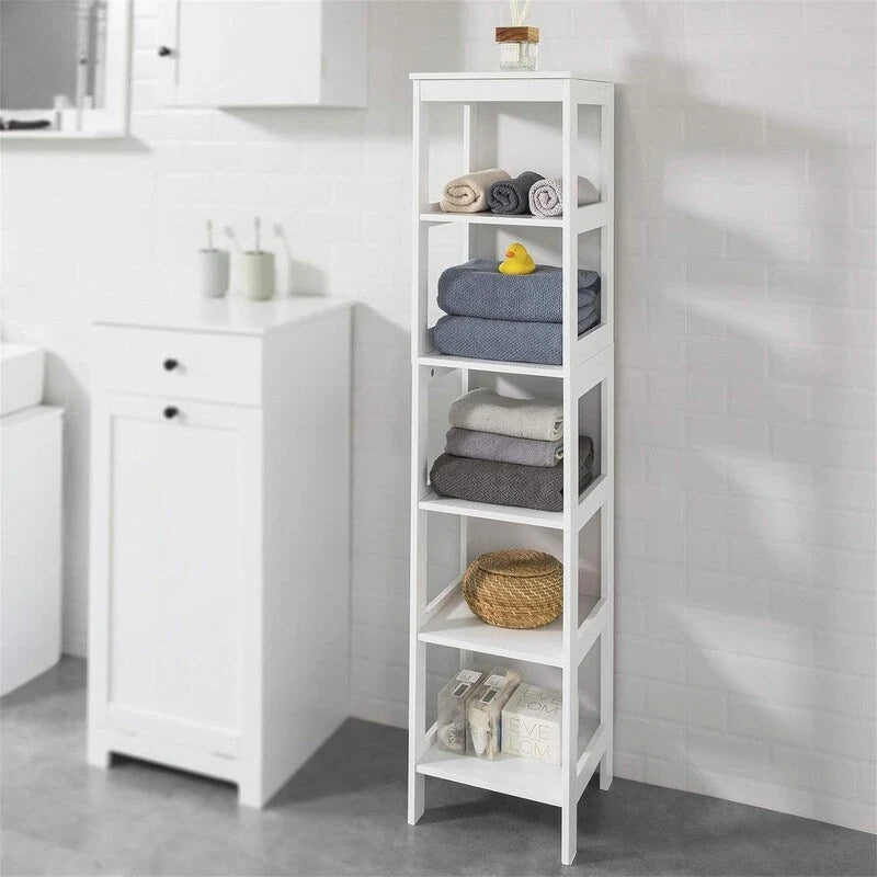 Armario alto blanco para baño con estantes y cajones
