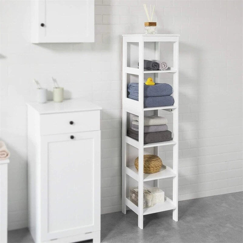 Armario alto blanco para baño con estantes y cajones