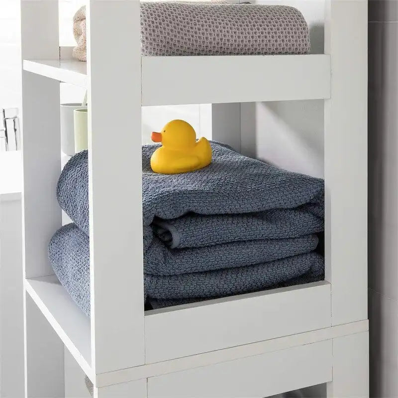 Armario alto blanco para baño con estantes y cajones