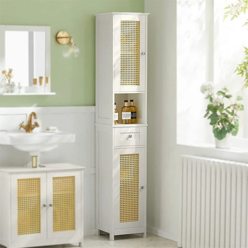 Armario alto blanco para baño con estantes y cajones