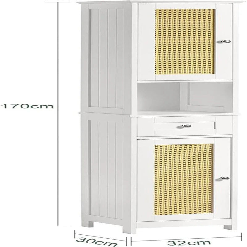 Armario alto blanco para baño con estantes y cajones