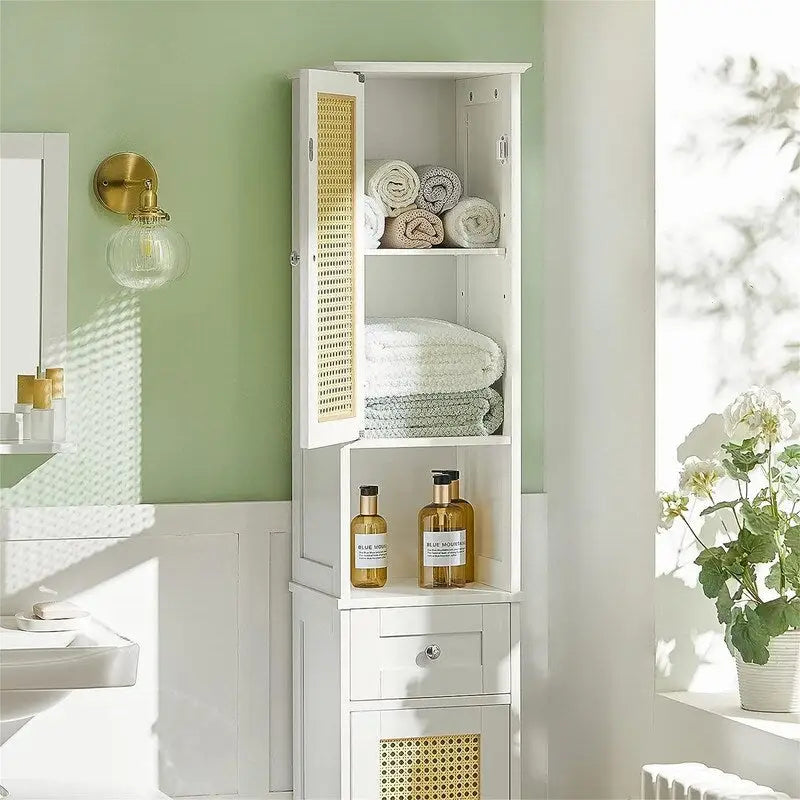 Armario alto blanco para baño con estantes y cajones