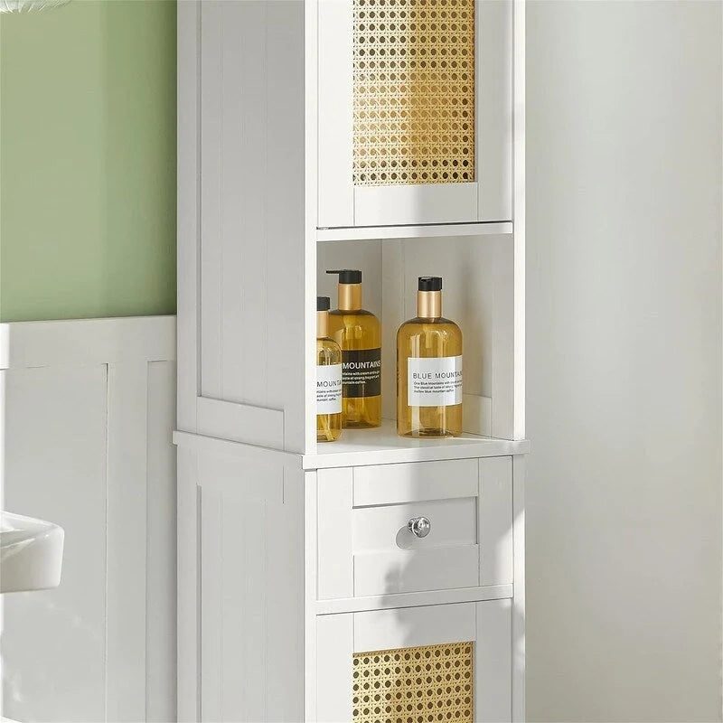Armario alto blanco para baño con estantes y cajones